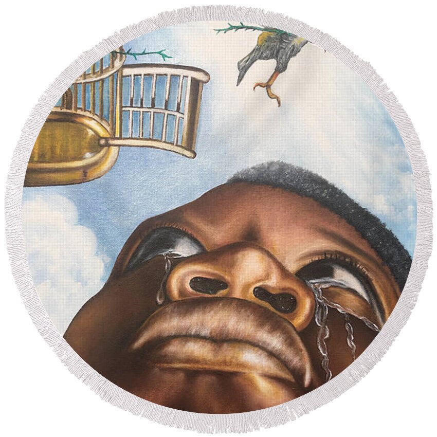 Bird Round Beach Towel featuring the painting My Little Bird Flew Away by O Yemi Tubi
