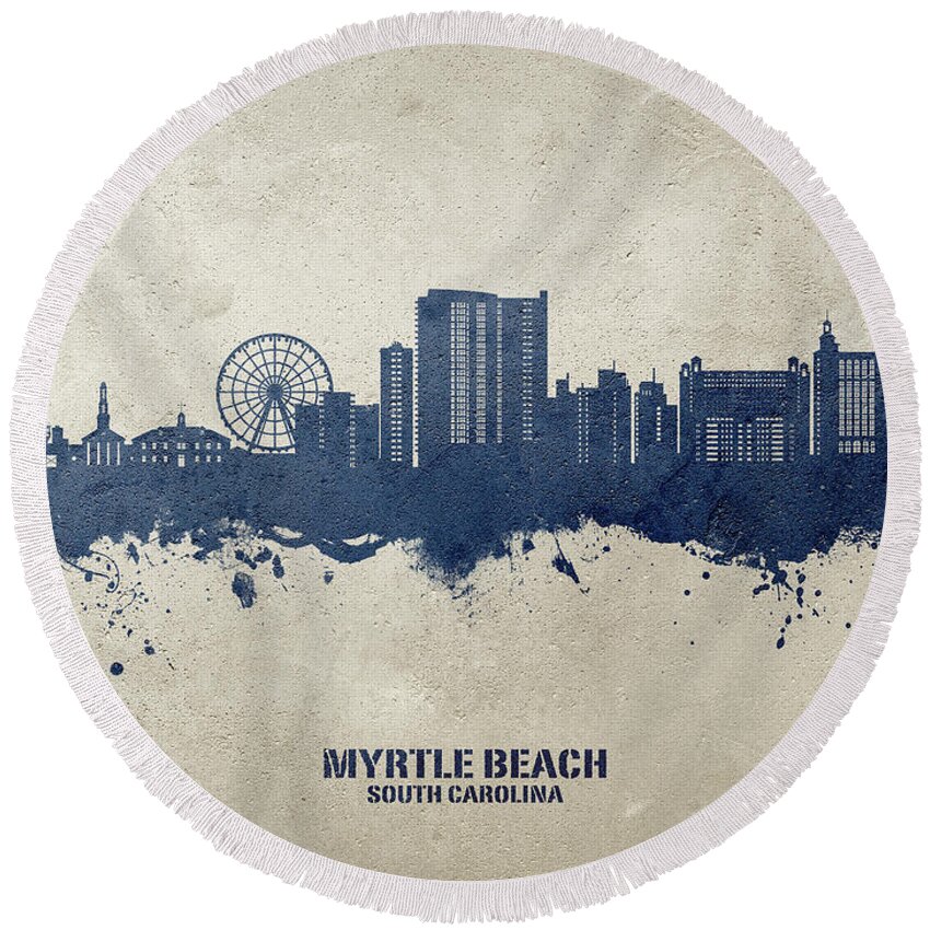 Myrtle Beach Round Beach Towel featuring the digital art Myrtle Beach South Carolina Skyline #13 by Michael Tompsett