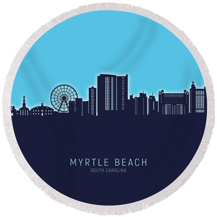 Myrtle Beach Round Beach Towel featuring the digital art Myrtle Beach South Carolina Skyline #18 by Michael Tompsett