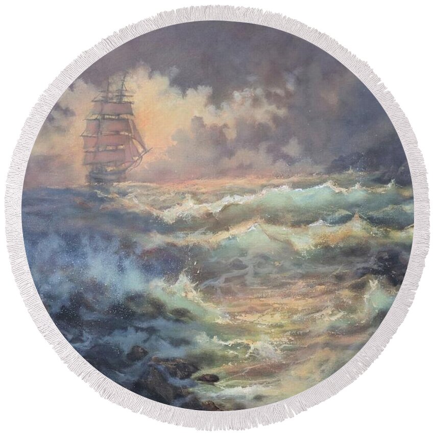 Mysterious Island Round Beach Towel featuring the painting Mysterious Island by Tom Shropshire