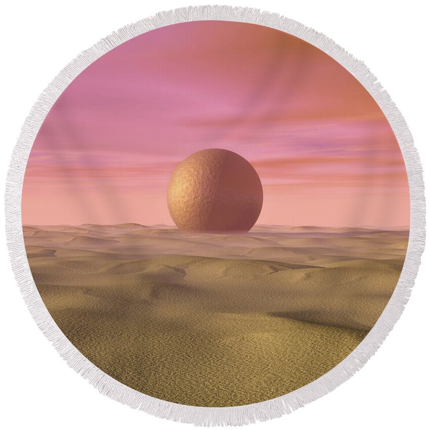 Surreal Round Beach Towel featuring the digital art Mysterious Sphere At Dawn by Phil Perkins