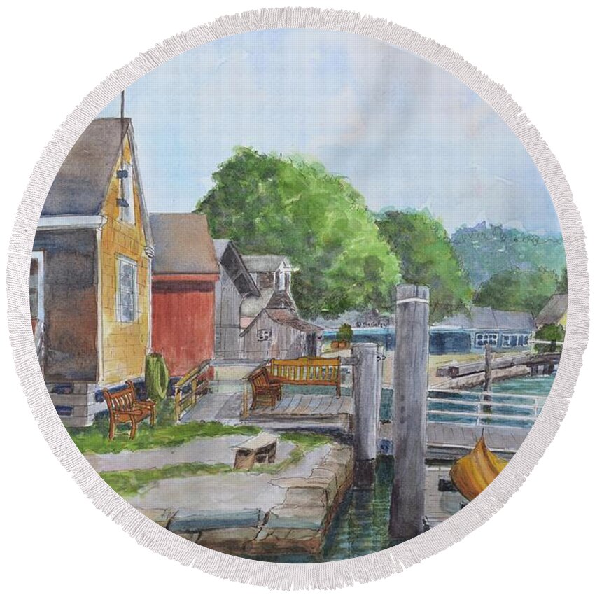Mystic Seaport Round Beach Towel featuring the painting Mystic Seaport Boathouse by Patty Kay Hall