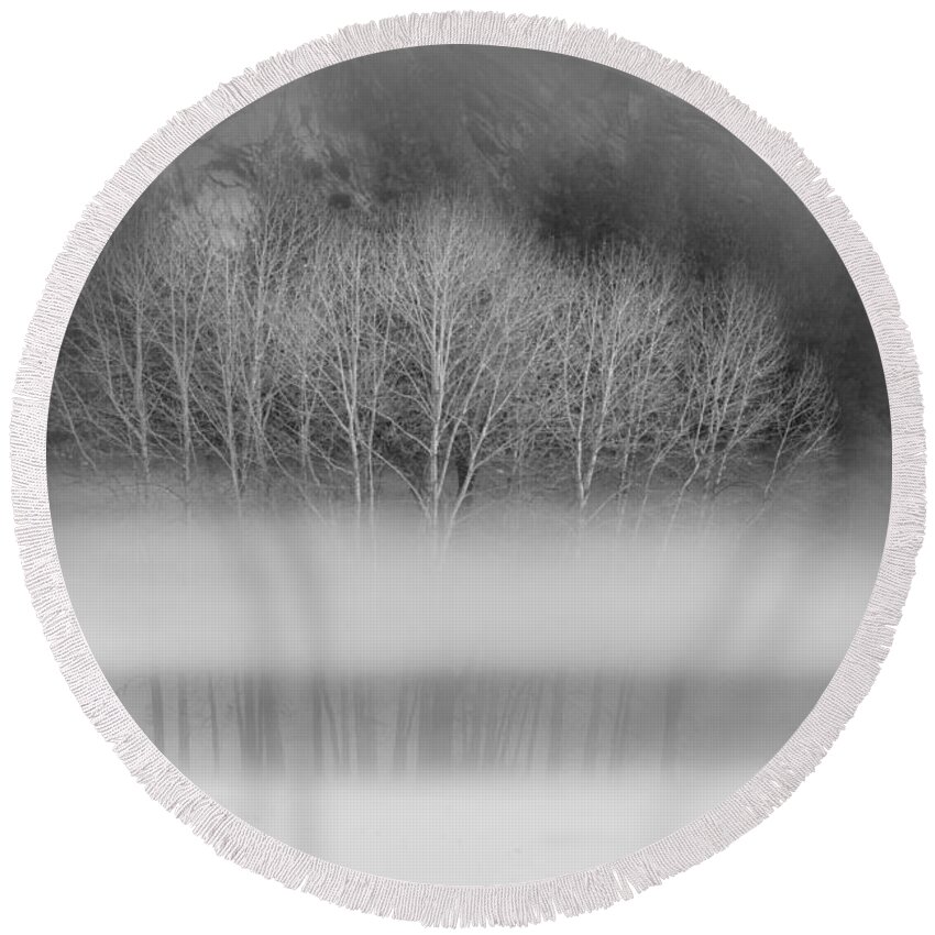 Yosemite National Park Round Beach Towel featuring the photograph Naked aspens in the Yosemite fog, black and white by Alessandra RC