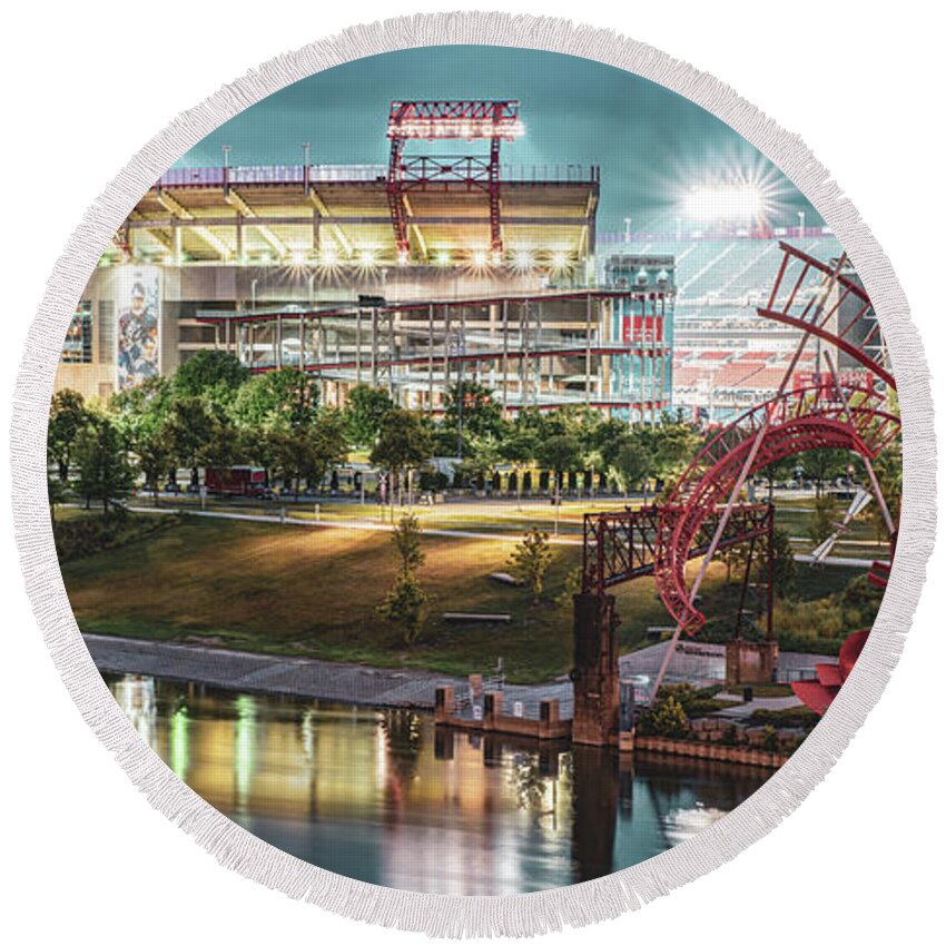 Tennessee Titans Round Beach Towel featuring the photograph Nashville Tennessee Football Stadium on the Cumberland River Panorama by Gregory Ballos