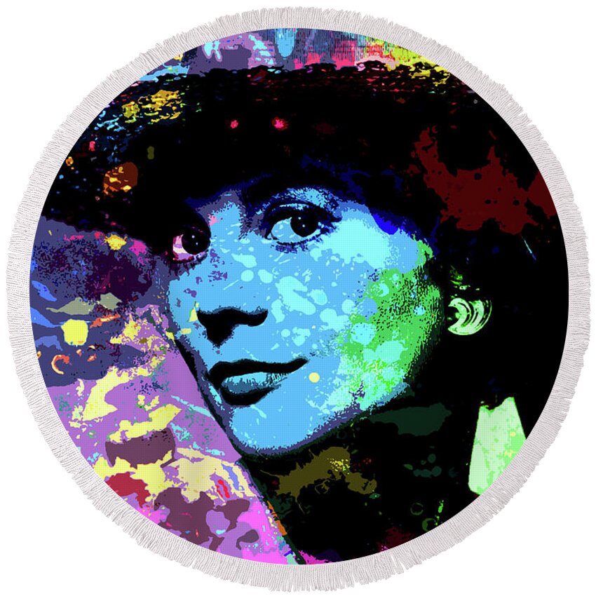 Natalie Wood Round Beach Towel featuring the digital art Natalie Wood psychedelic portrait by Movie World Posters
