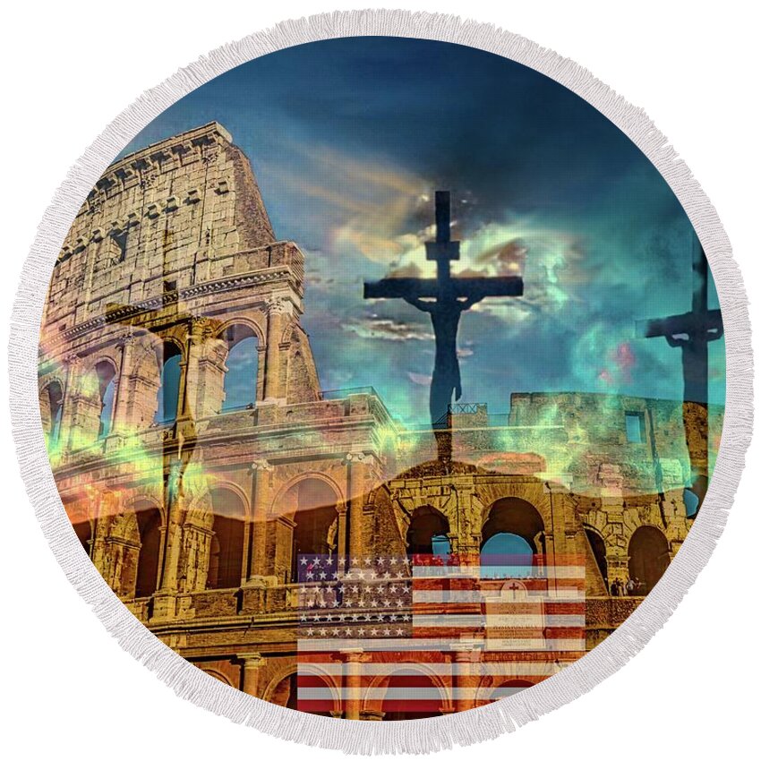 Jesus Round Beach Towel featuring the digital art Nations Rise and Fall by Norman Brule