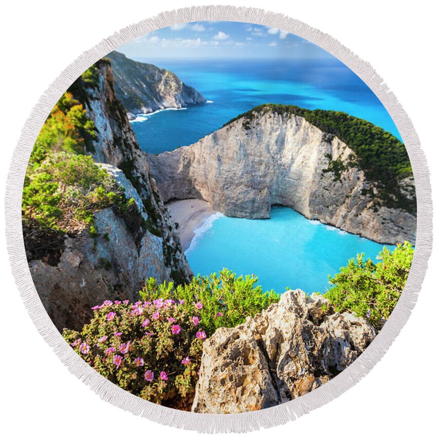 Greece Round Beach Towel featuring the photograph Navagio Bay by Evgeni Dinev