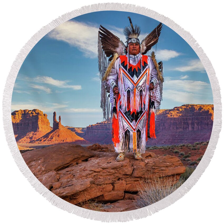 Southwest Round Beach Towel featuring the photograph Navajo Fancy Dancer at Valley Of The Gods - 3 by Dan Norris