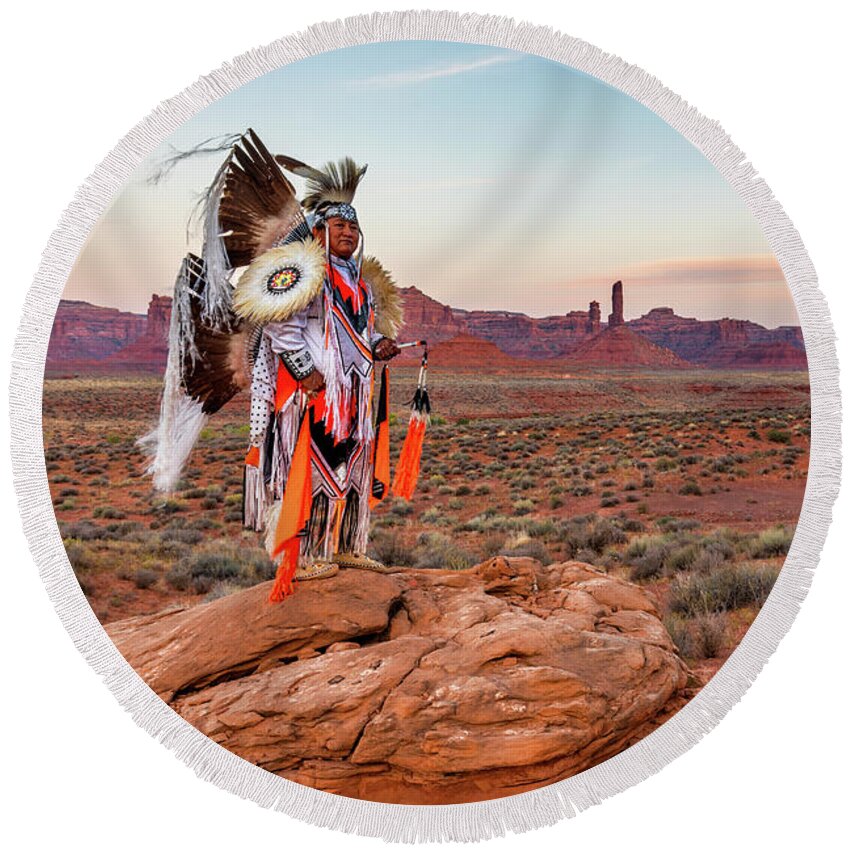 Southwest Round Beach Towel featuring the photograph Navajo Fancy Dancer at Valley Of The Gods - 6 by Dan Norris