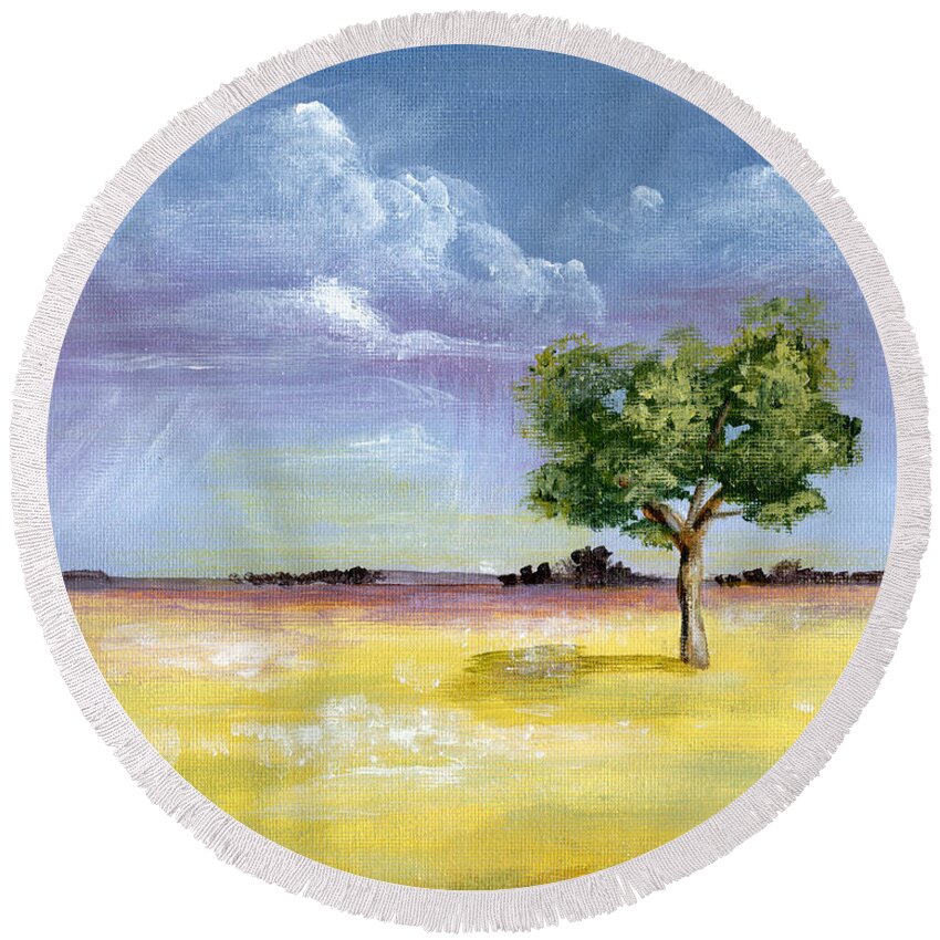 Landscape Round Beach Towel featuring the painting Nebraska Skies - Sprinkling by Annie Troe