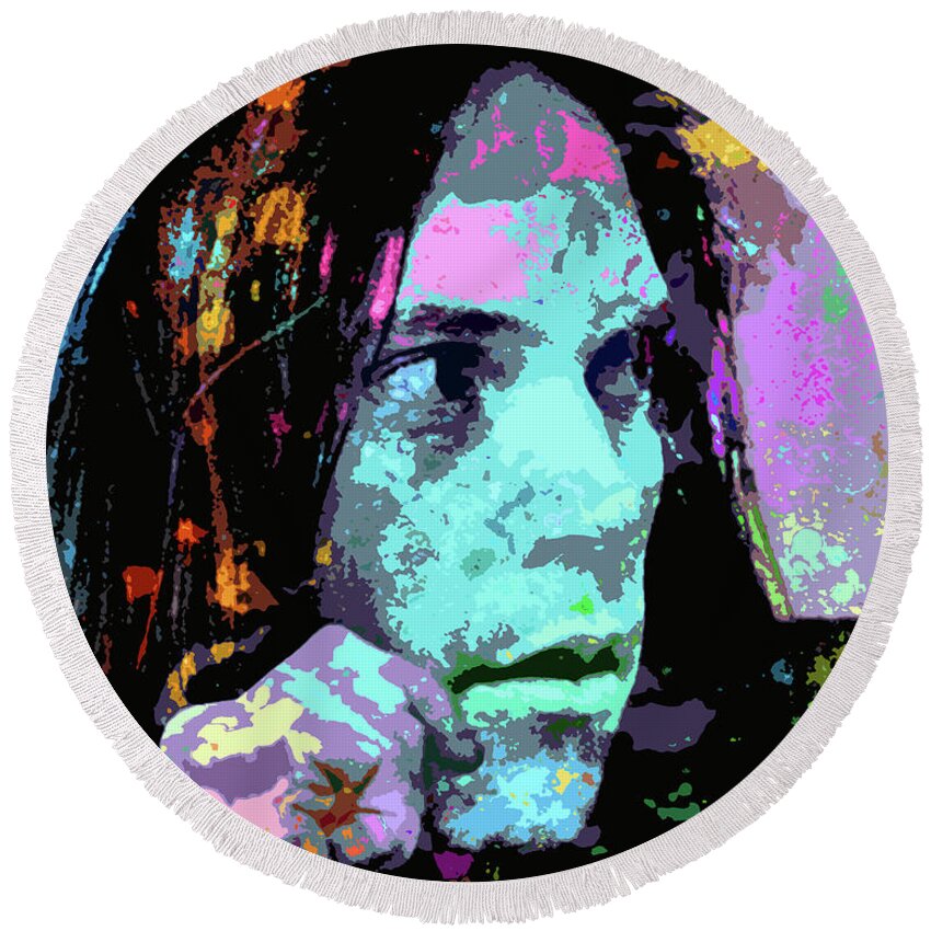 Psychedelic Round Beach Towel featuring the digital art Neil Young - 3 psychedelic portrait by Movie World Posters