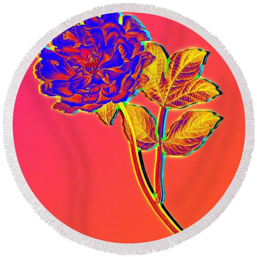 Neon Round Beach Towel featuring the painting Neon Pink Tree Peony Botanical Art n.0352 by Holy Rock Design