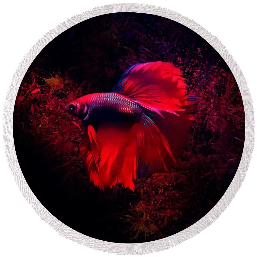 Neon Red Betta Fish Round Beach Towel by Scott Wallace Digital