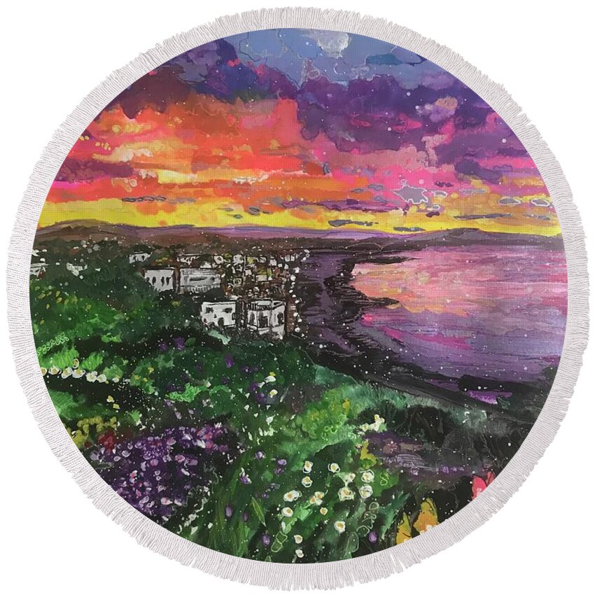 Colorful Round Beach Towel featuring the painting Nestled in Paradise by Eileen Backman