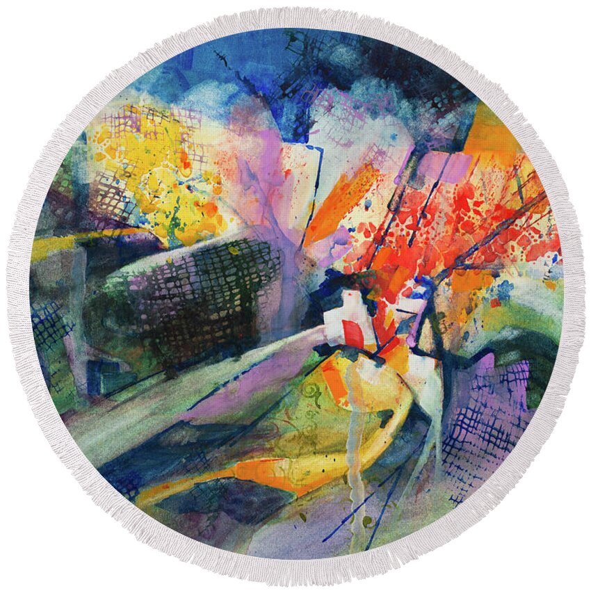 Abstract Round Beach Towel featuring the painting Networking by Lee Beuther