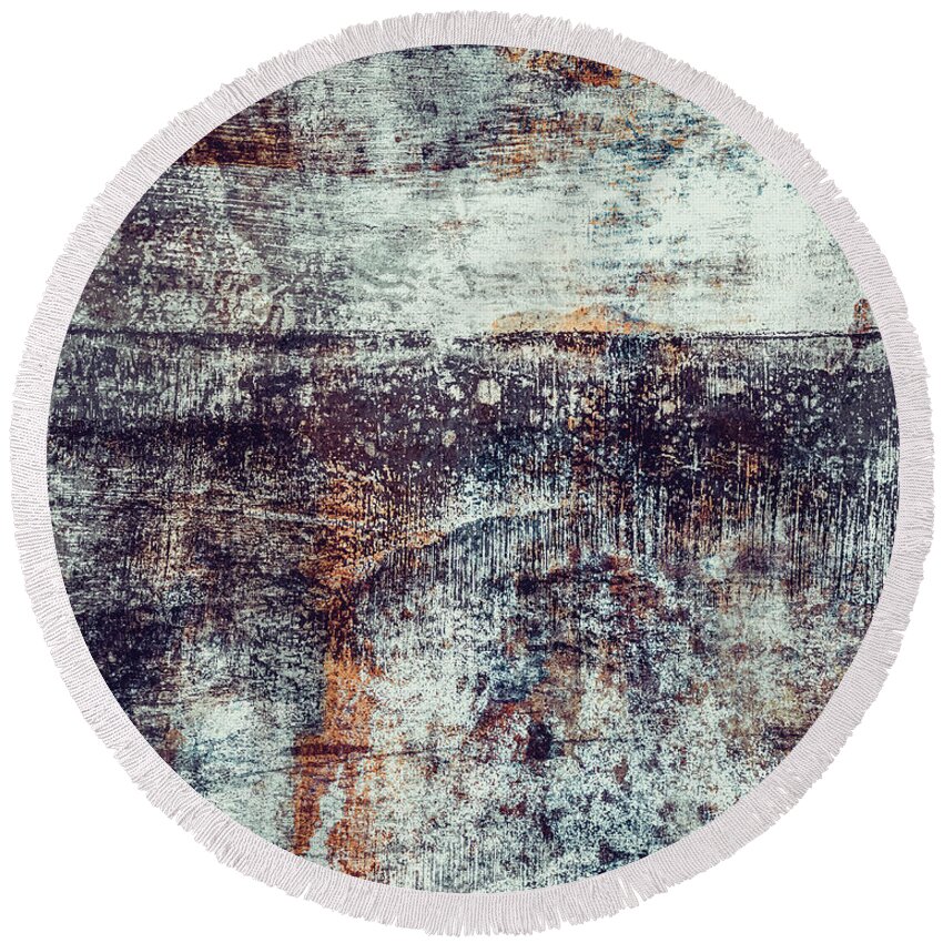Abstract Round Beach Towel featuring the painting Neutral Color Tones Abstract landscape - Behind The Hill by iAbstractArt