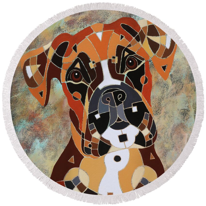Boxer Dog Art Round Beach Towel featuring the painting Never Boxed In Boxer Dog Art by Barbara Rush