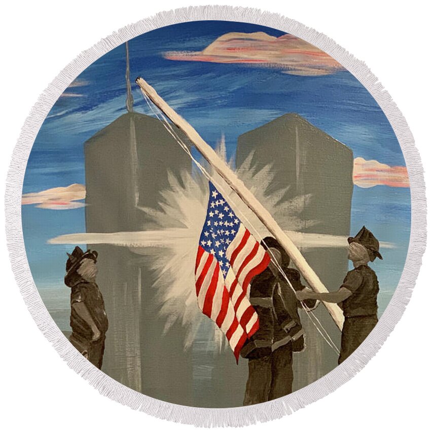 Twin Towers Round Beach Towel featuring the painting Never Forget 9/11 by Deena Withycombe