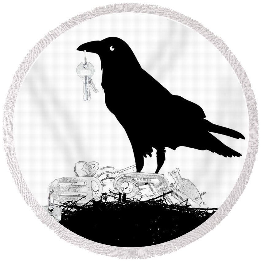 Crow Round Beach Towel featuring the mixed media Nevermore to be Found by Moira Law