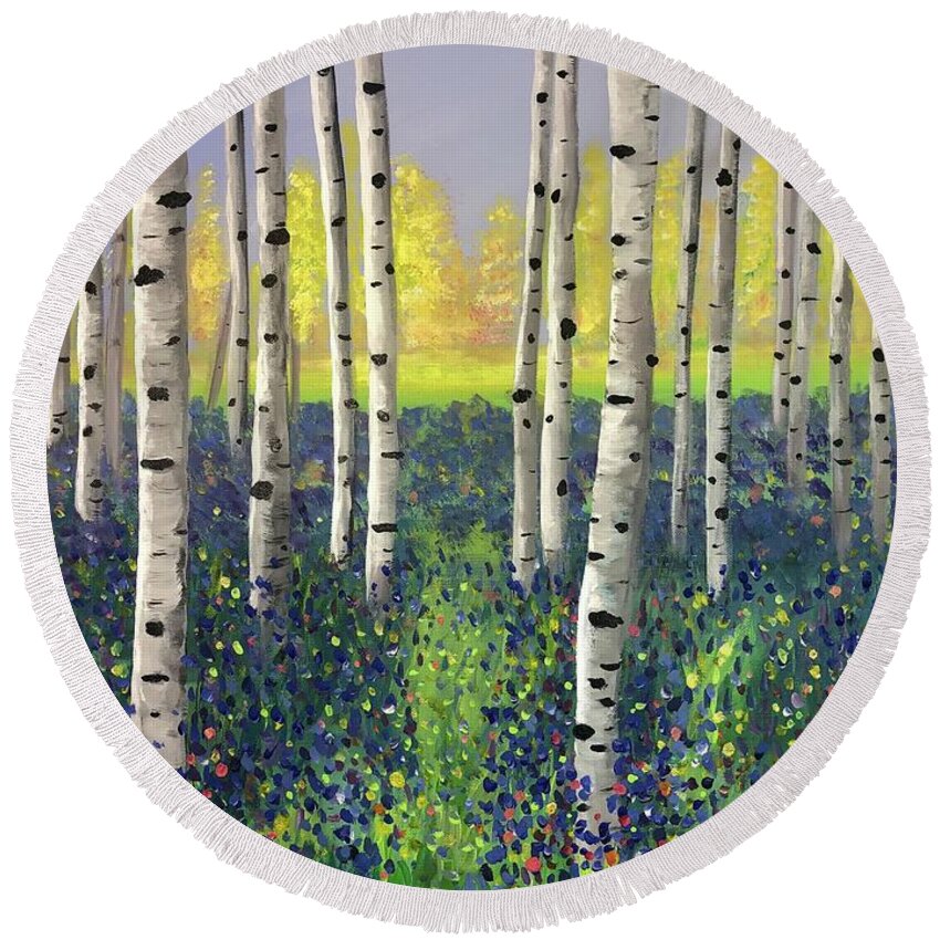 Birch Trees Round Beach Towel featuring the painting New Beginnings by Stacey Zimmerman