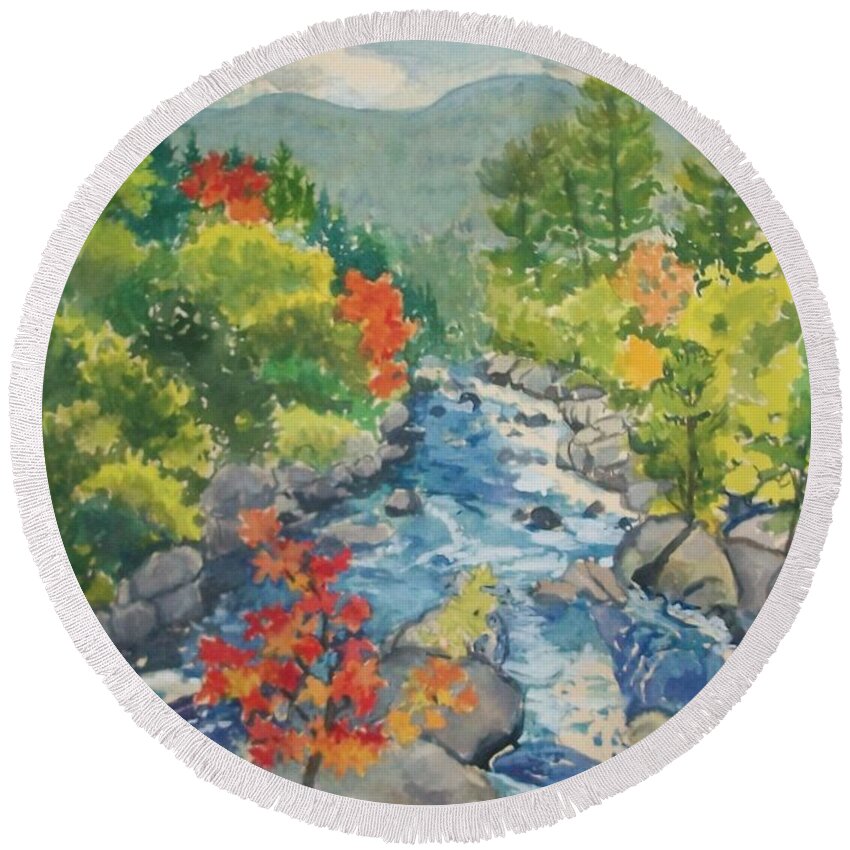 Mountain Round Beach Towel featuring the painting Quechee Gorge , Vermont SOLD by Judith Young