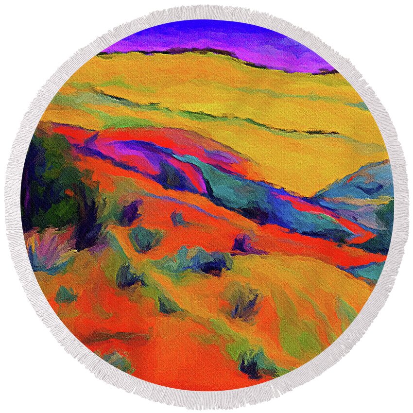 New Mexico Round Beach Towel featuring the digital art New Mexico hills and bushes by Tatiana Travelways