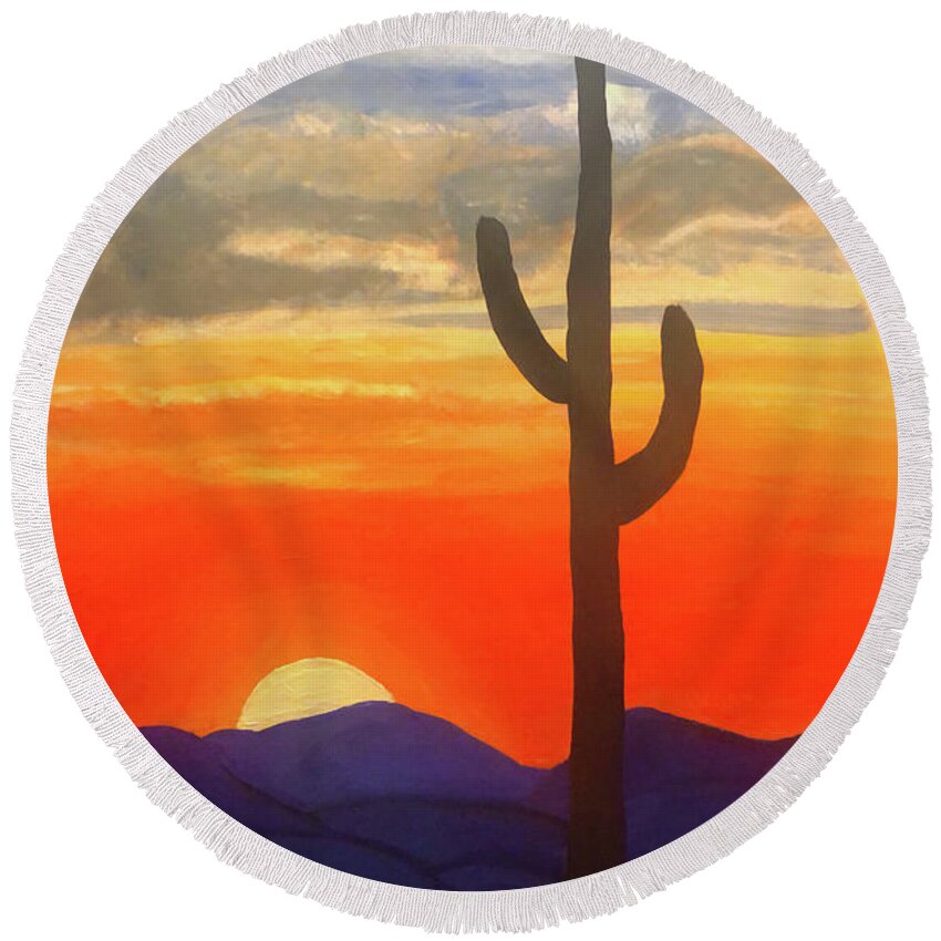New Mexico Round Beach Towel featuring the painting New Mexico Sunset by Christina Wedberg
