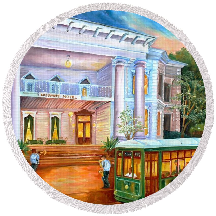 New Orleans Round Beach Towel featuring the painting New Orleans' Columns Hotel by Diane Millsap
