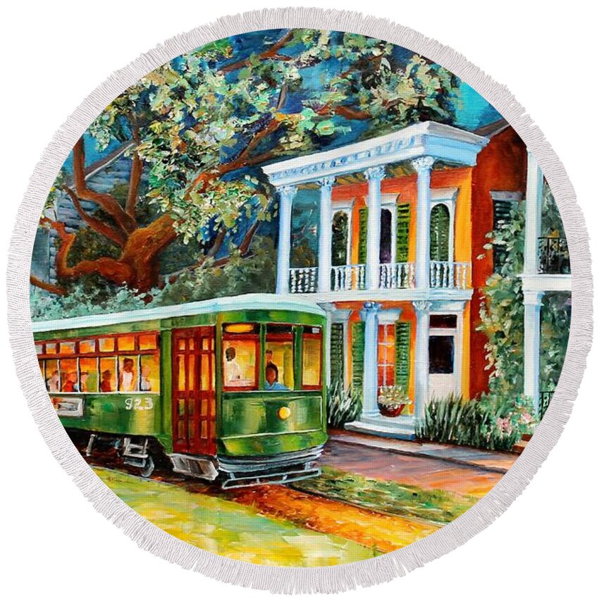 New Orleans Round Beach Towel featuring the painting New Orleans Evening Streetcar by Diane Millsap