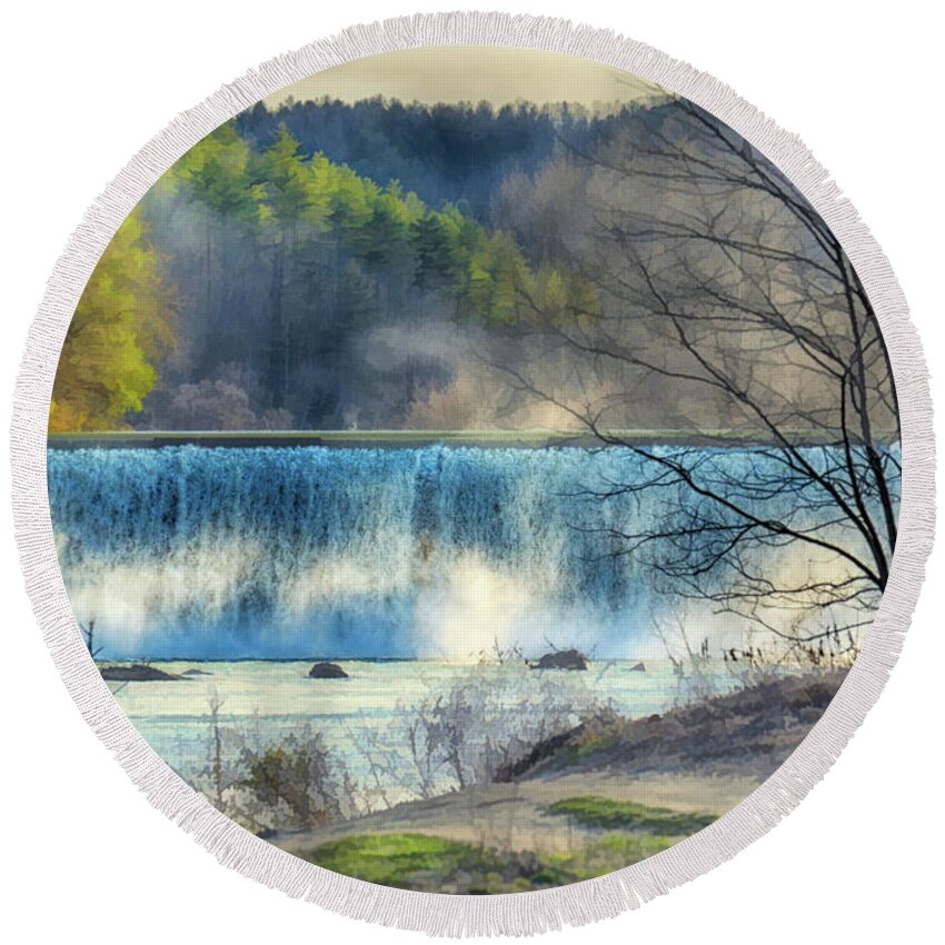 New River Round Beach Towel featuring the photograph New River Dam by Michael Frank