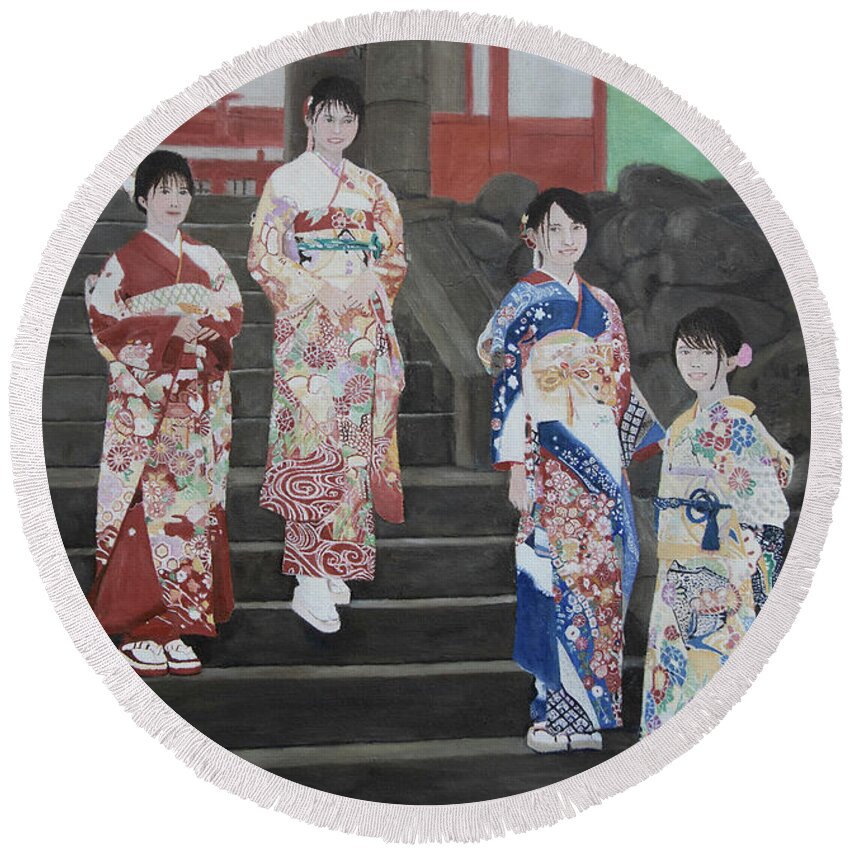 Japan Round Beach Towel featuring the painting New Year's Resolution by Masami IIDA
