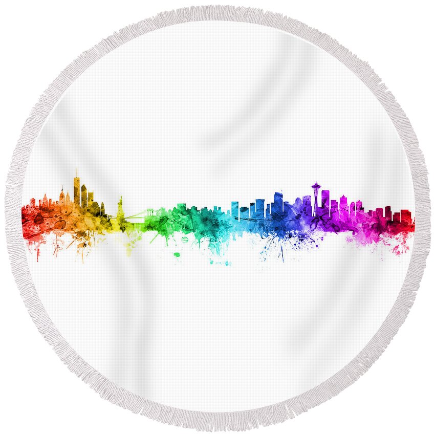 New York Round Beach Towel featuring the digital art New York and Seattle Rainbow Skyline Mashup by Michael Tompsett