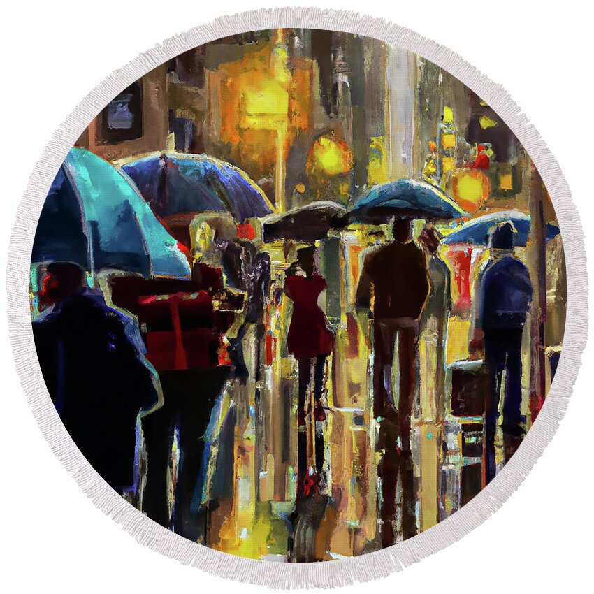 New York City Round Beach Towel featuring the digital art New York Nights in the Rain by Alison Frank