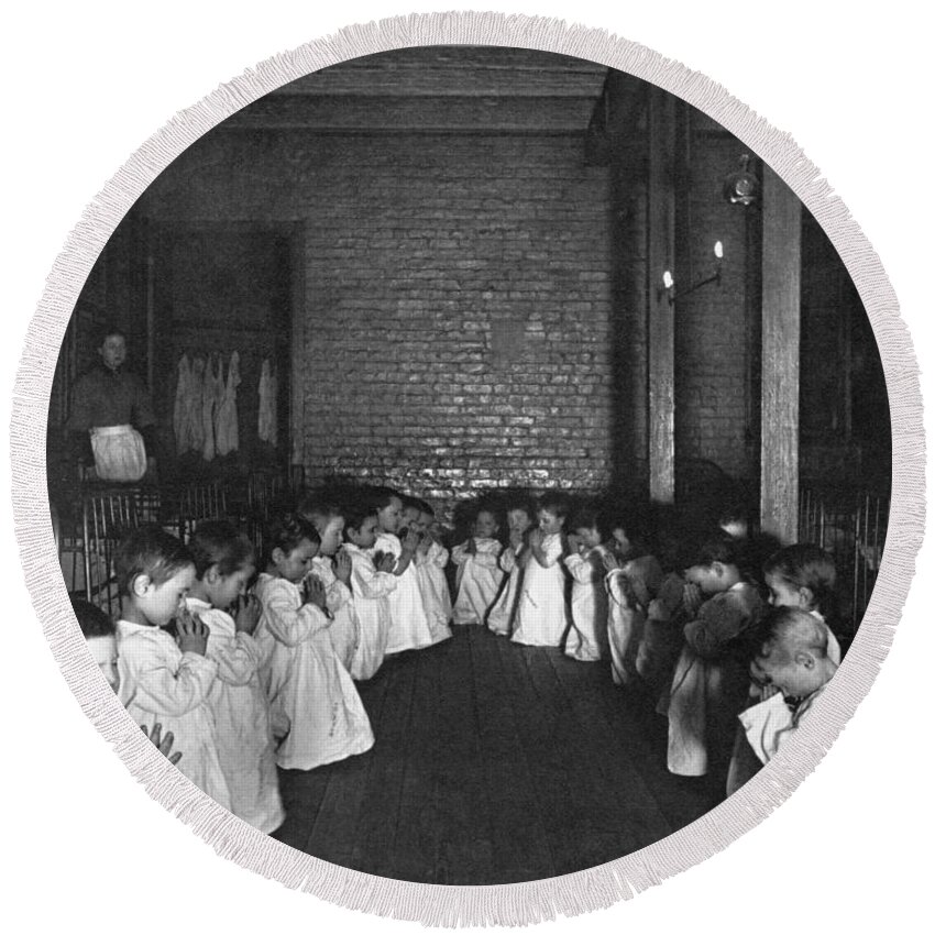1889 Round Beach Towel featuring the photograph New York Orphanage, c1889 by Jacob Riis