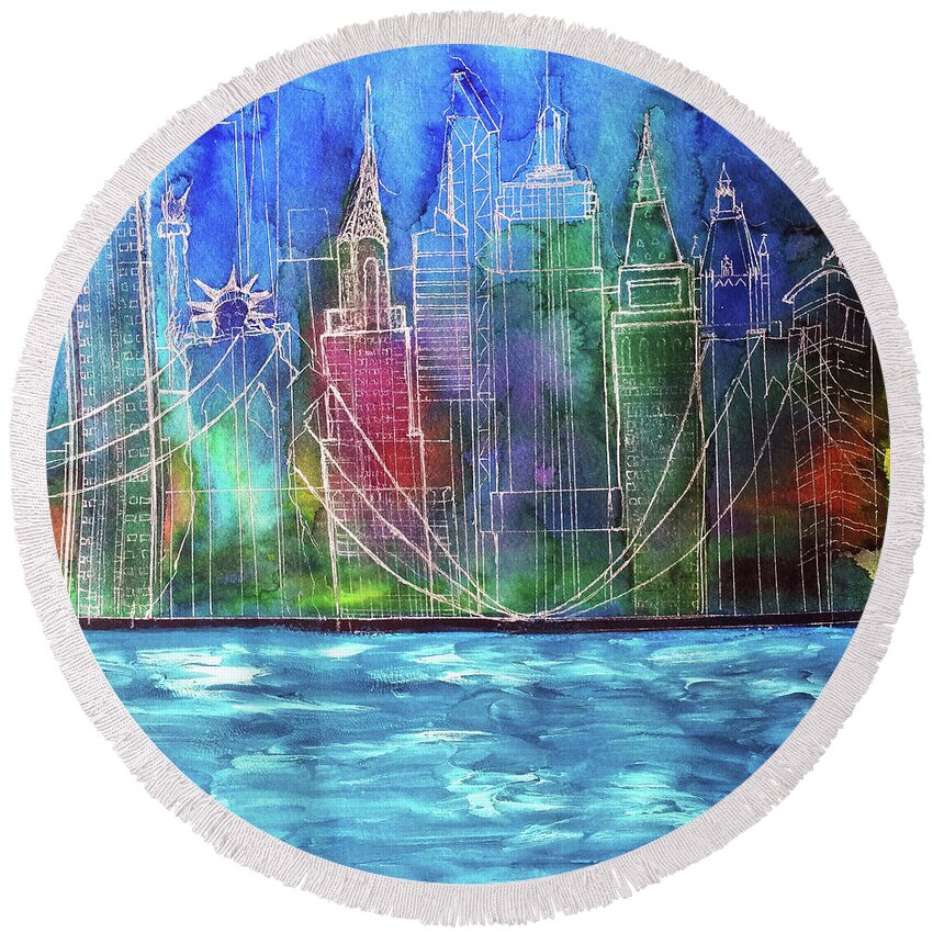 City Round Beach Towel featuring the painting New York Skyline Painting by Melinda Firestone-White