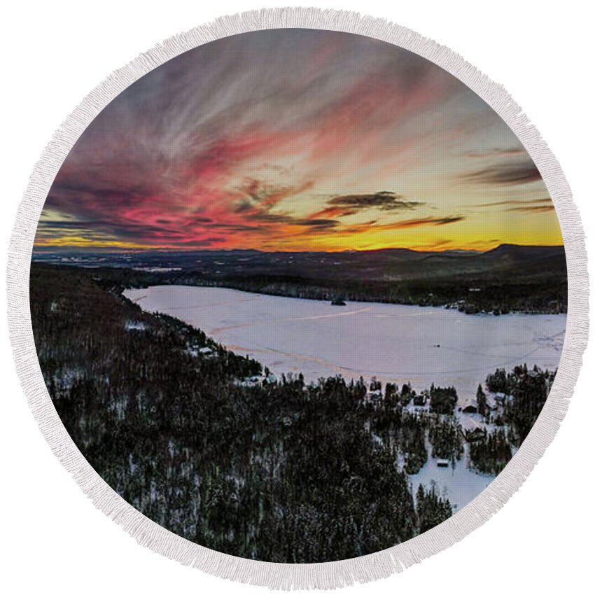 2021 January Round Beach Towel featuring the photograph Newark Pond Vermont Sunset by John Rowe
