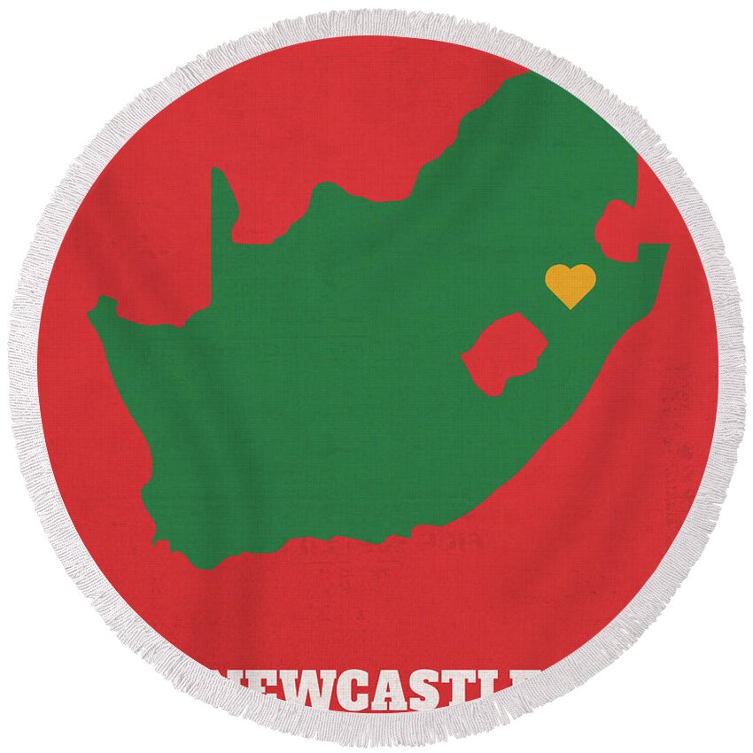 Newcastle Round Beach Towel featuring the mixed media Newcastle South Africa Founded 1864 World Cities Heart Print by Design Turnpike