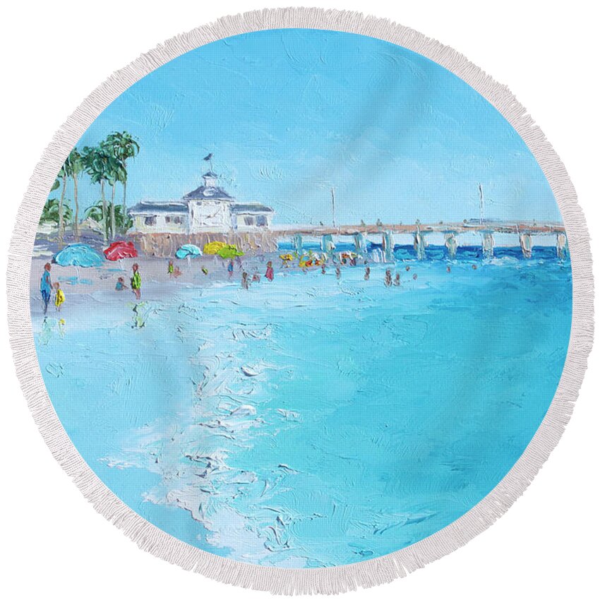 Newport Beach Ca Round Beach Towel featuring the painting Newport Beach and Balboa Pier by Jan Matson