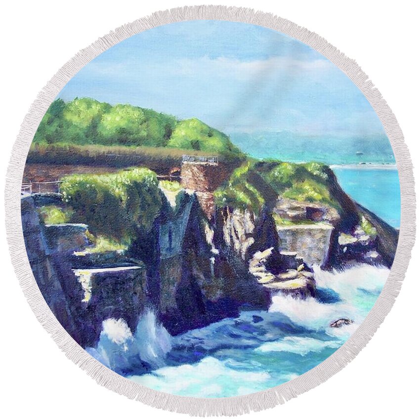 Newport Ri Round Beach Towel featuring the painting Newport RI Cliff Walk 40 Steps by Patty Kay Hall