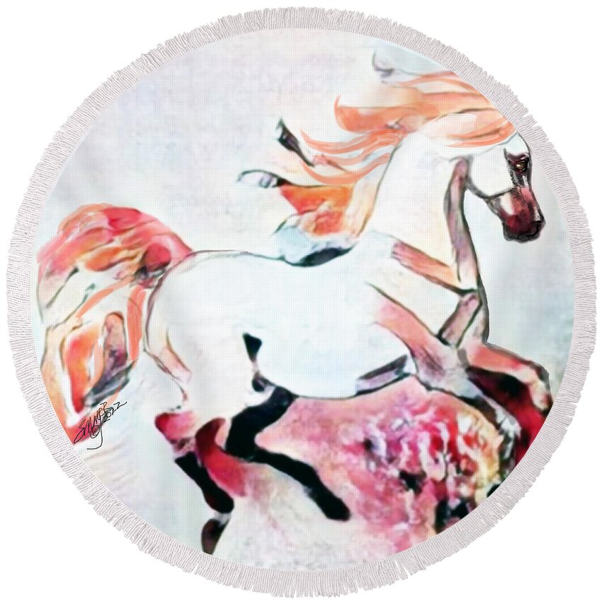 Equestrian Art Round Beach Towel featuring the digital art NFT Cantering Horse 004 by Stacey Mayer by Stacey Mayer