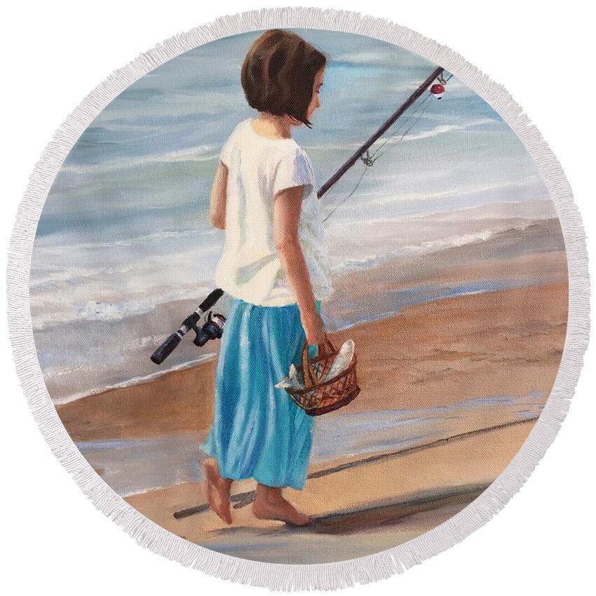 Ocean Round Beach Towel featuring the painting Nice Catch by Judy Rixom