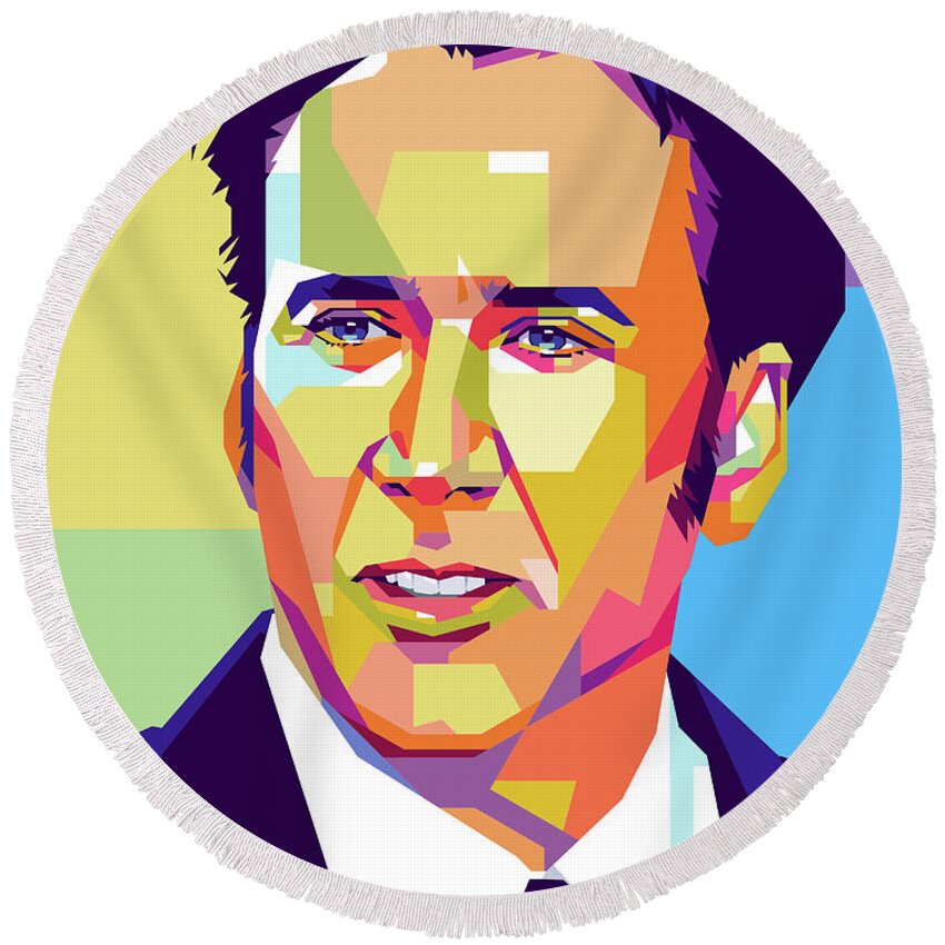 Nicolas Cage Round Beach Towel featuring the digital art Nicolas Cage portrait by Movie World Posters
