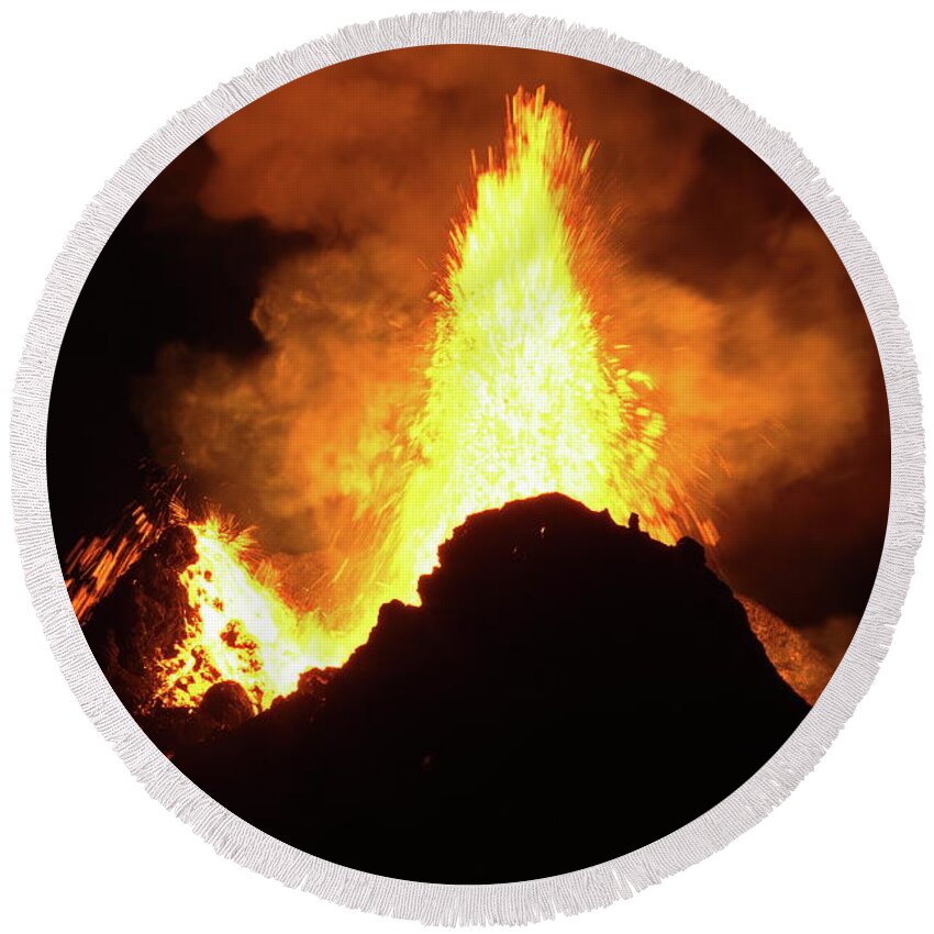 Volcano Round Beach Towel featuring the photograph Night fire #2 by Christopher Mathews