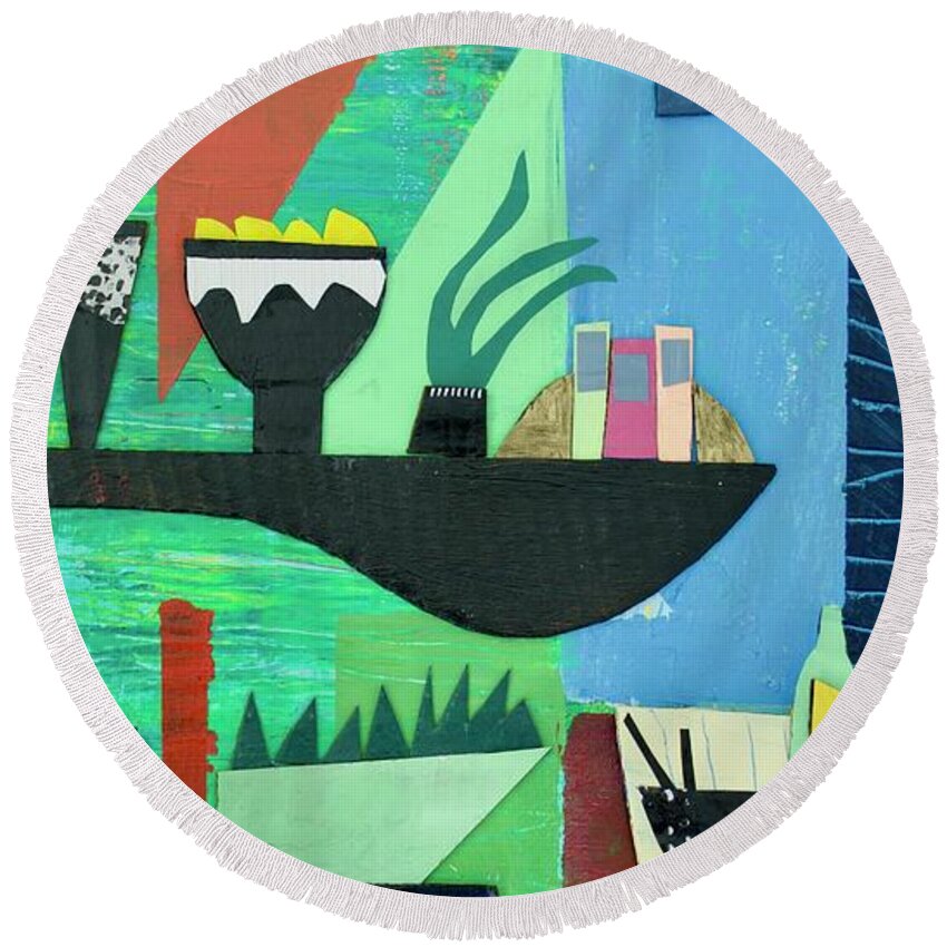 Abstract Round Beach Towel featuring the mixed media Night In by Julia Malakoff
