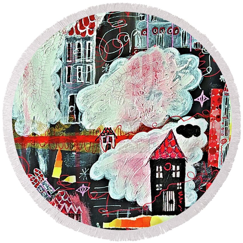Nacht Round Beach Towel featuring the mixed media Night in the Cloud Village by Mimulux Patricia No