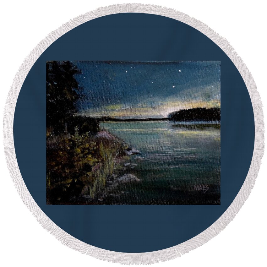 Night On Lake Round Beach Towel featuring the painting Night on Lac Kipawa by Walt Maes