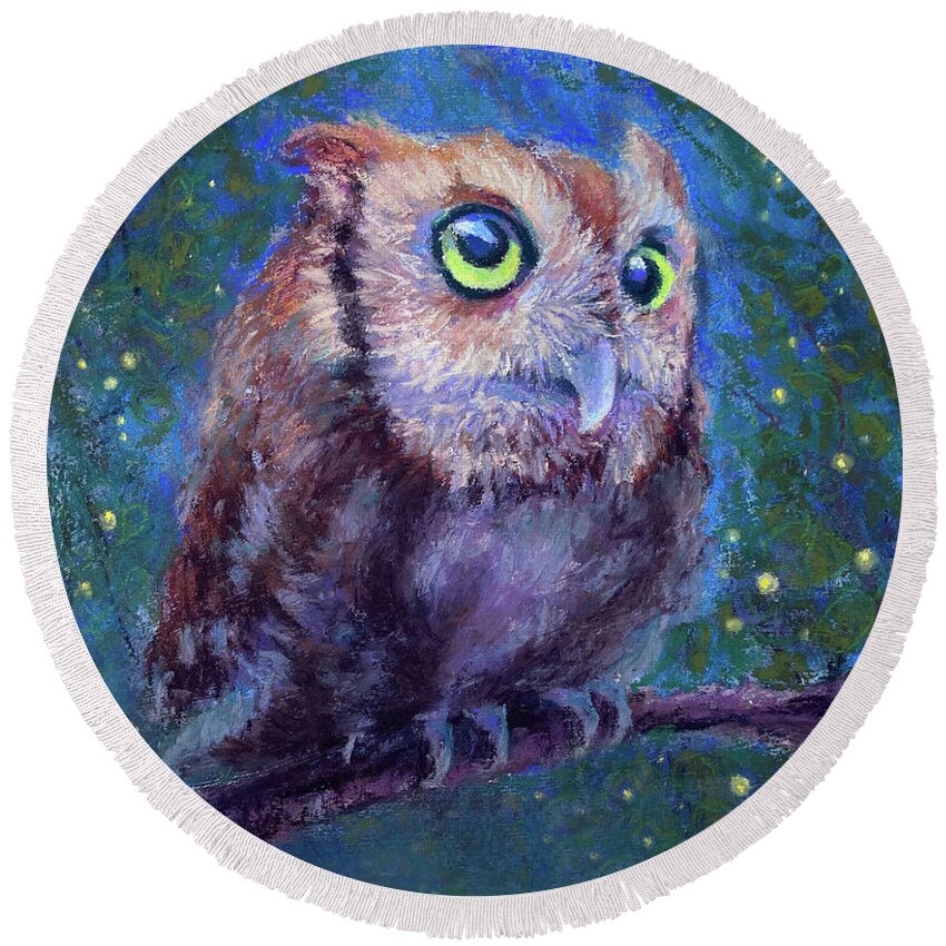 Night Round Beach Towel featuring the painting Night Owl with Fireflies by Susan Jenkins