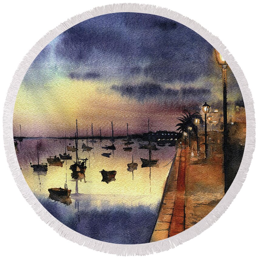 Portugal Round Beach Towel featuring the painting Night Reflections by Dora Hathazi Mendes