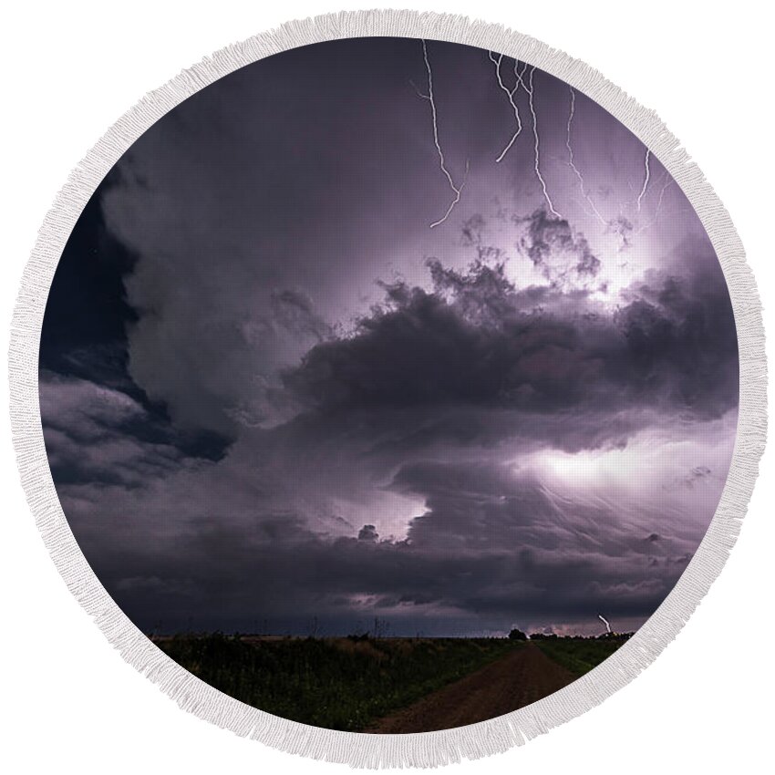 Supercell Round Beach Towel featuring the photograph Night Supercell by Marcus Hustedde