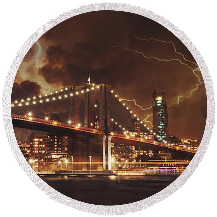  Downtown Round Beach Towel featuring the photograph Lightning over the Brooklyn Bridge by Montez Kerr